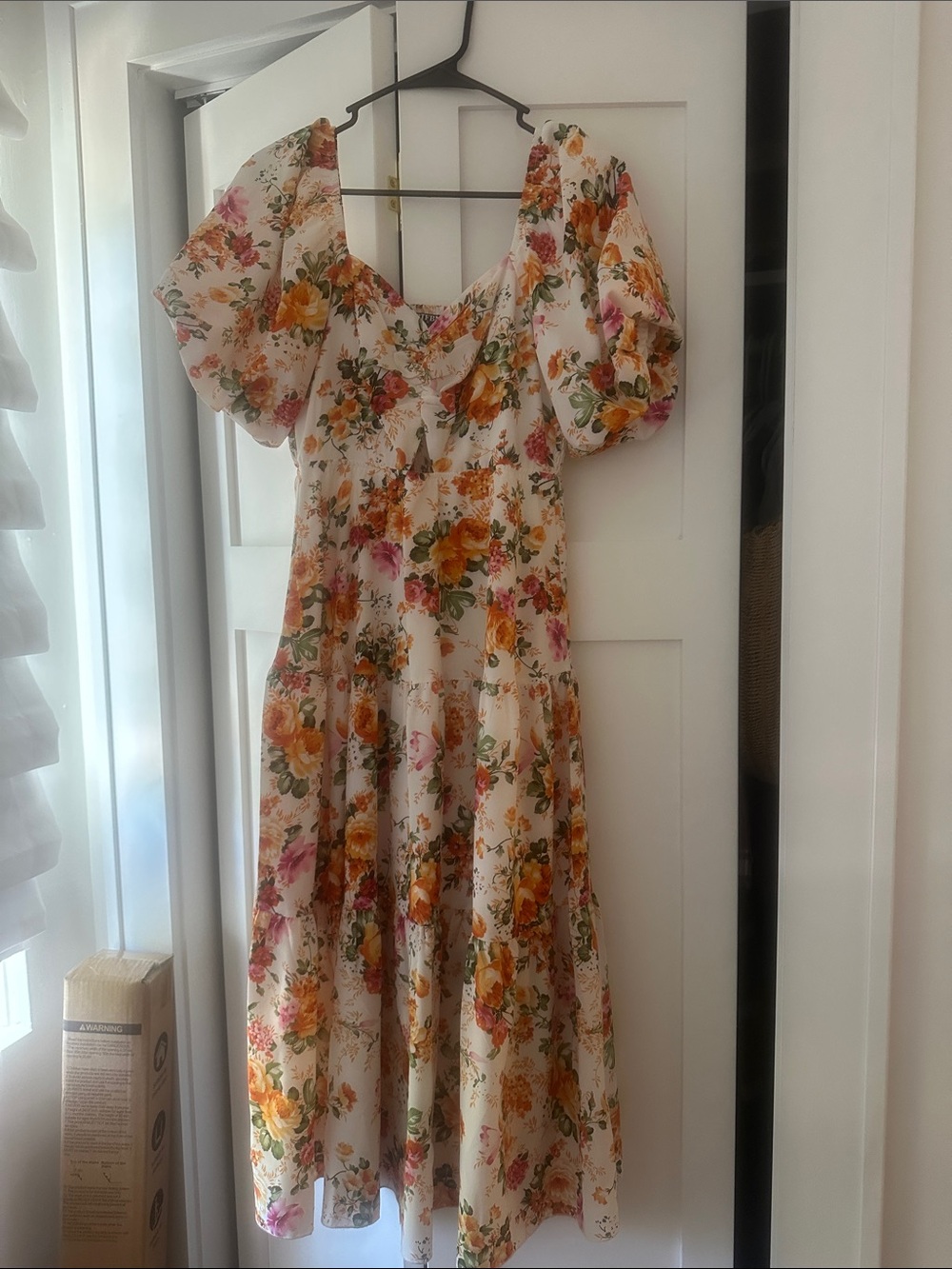 Floral Puff-Sleeve Midi Dress in Cream with Yellow & Pink Blooms